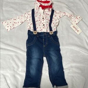 Cute Heart Print Shirt with Denim Overalls